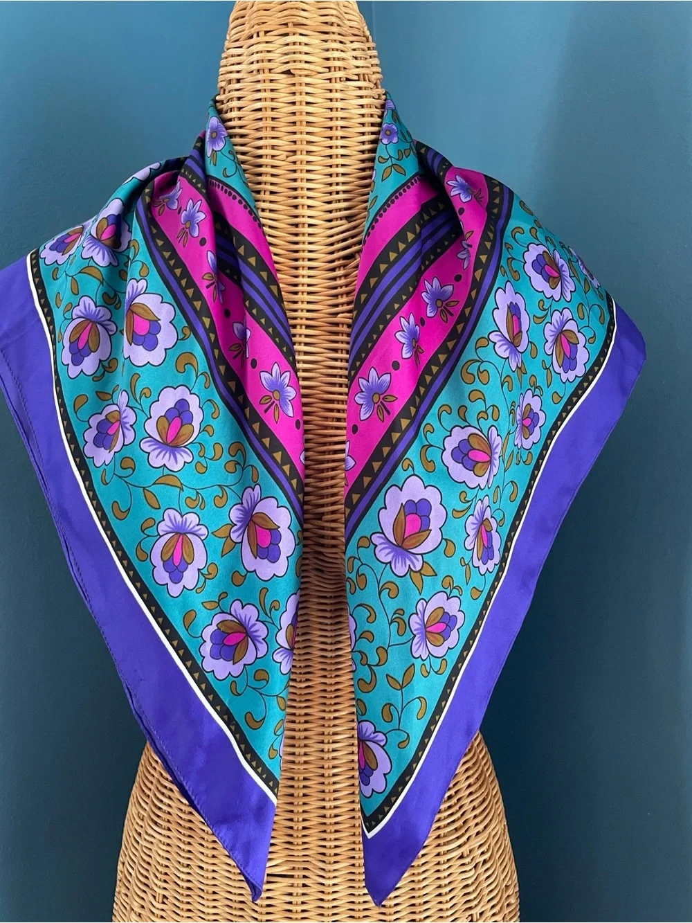 Square Purple Magenta Floral Scarf with Border  30” x 30”